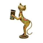 Handcrafted Tribal Metal Cat Pen Holder – Artistic Table Décor – I-176-A