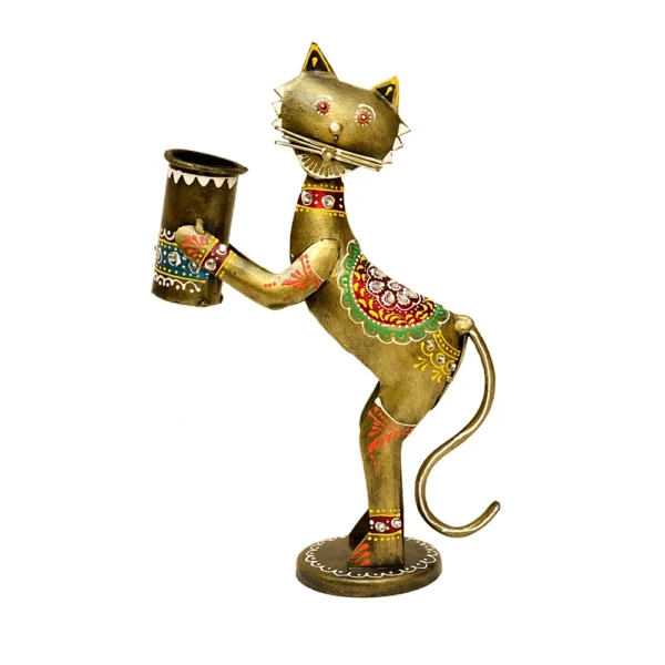 Handcrafted Tribal Metal Cat Pen Holder – Artistic Table Décor – I-176-A - Image 1