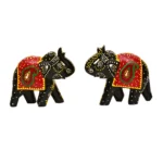 Set of 2 Hand-Painted Wooden Elephant Figurines – Black Finish with Red Paisley Blanket  - WD-116-B