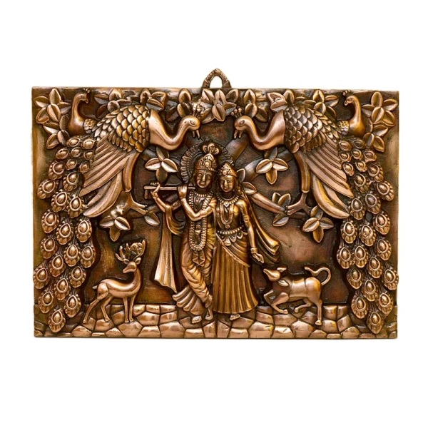 Radha Krishna Wall Hanging – Antique Bronze Finish with Peacock Motif - G-230-A - Image 1