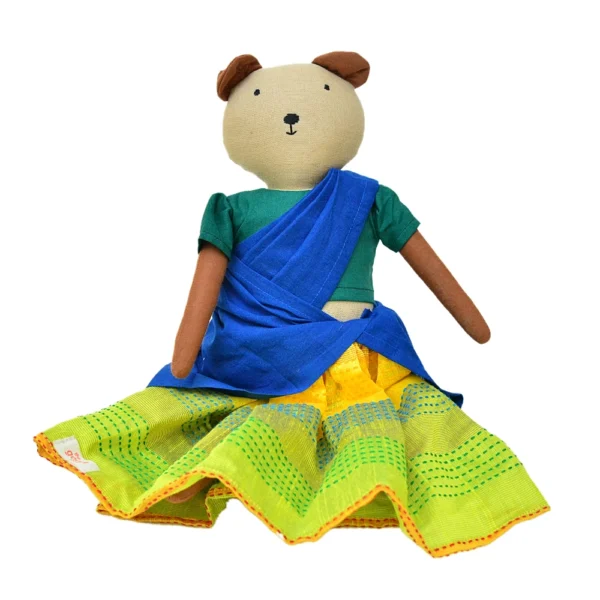 Handmade Fabric Animal Doll “Kumari Bear” in Traditional Pavadai Set GD-13