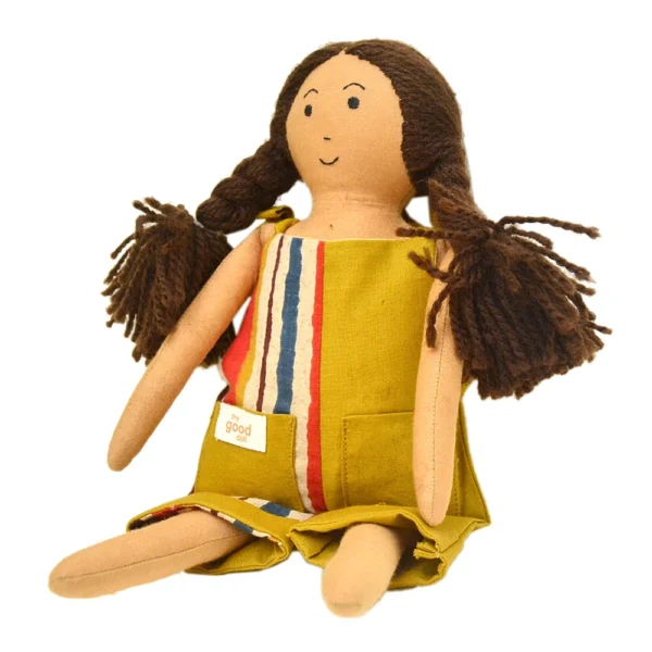 Handmade Fabric Doll in Mustard Striped Overalls Soft Toy for Imaginative Play GD-7