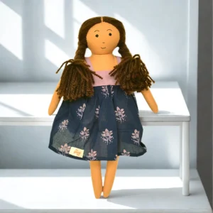 Handcrafted Fabric Doll in Indigo Floral Dress – Soft Toy for Kids - GD-6