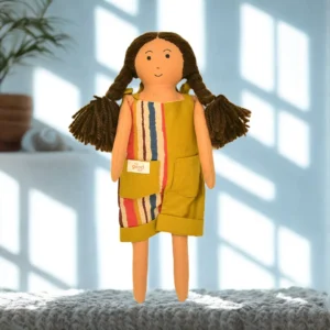 Handmade Fabric Doll in Mustard Striped Overalls – Soft Toy for Imaginative Play - GD-7