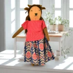 Handmade Fabric Animal Doll “Kutty Cow” in Red & Indigo Printed Dress GD-15 - Image 2
