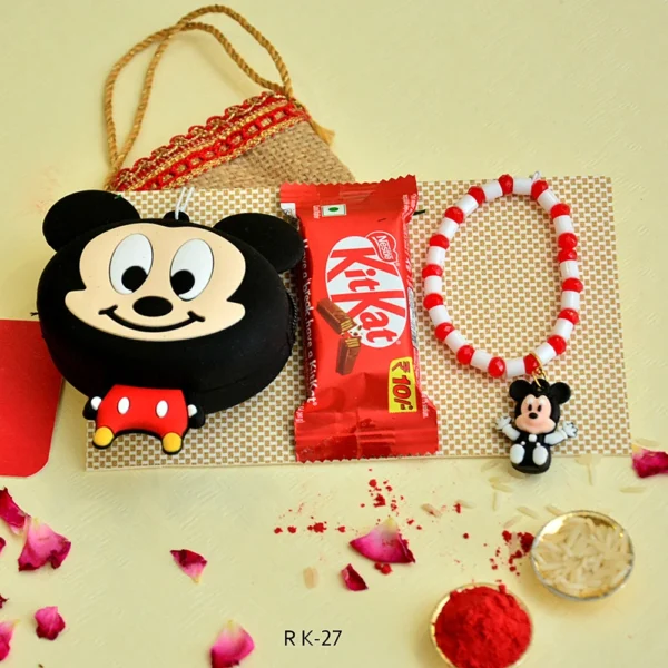 Mickey Mouse Rakhi Gift Pack - RK-27 | Kids Bracelet Rakhi, Candy & Coin Pouch
