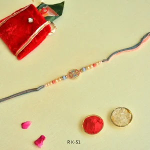Designer Round Dial Rakhi – RK-51 | Multicolor Thread with Pearls & Crystal Beads