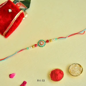Traditional Floral Rakhi – RK-53 | Red-Blue Thread with Mirror Work & Gold Beads
