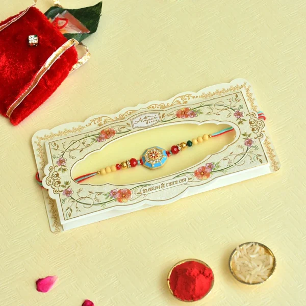 Turquoise Traditional Rakhi – RK-55 | Red-Blue Thread with Golden Beads & Enamel Center - Image 2