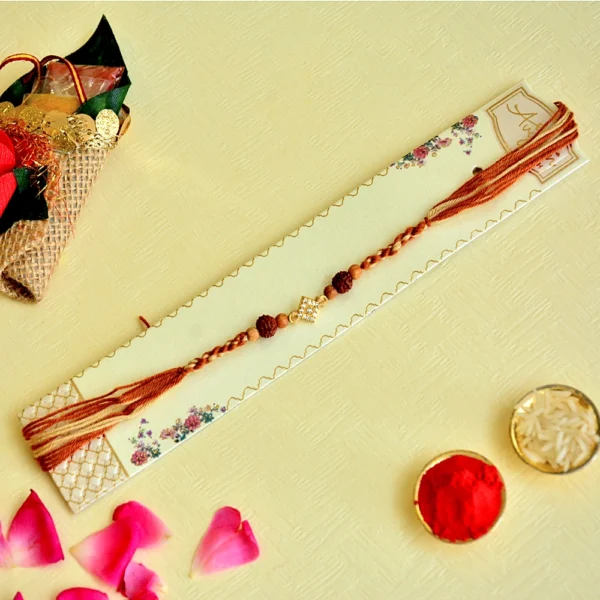 Spiritual Rudraksha Rakhi – RK-109 | Sacred Simplicity with Diamond Accent - Image 3