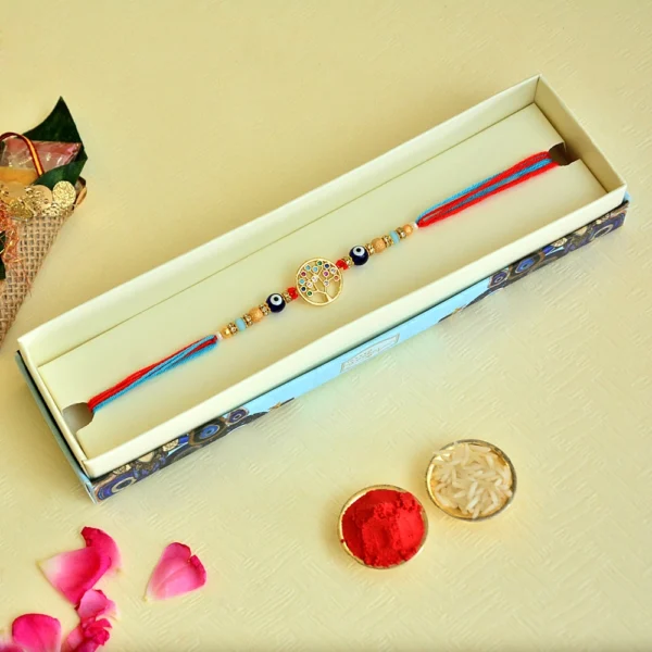 Tree of Life Rakhi – RK-114 | Symbolic Rakhi with Evil Eye Beads & Vibrant Thread - Image 2