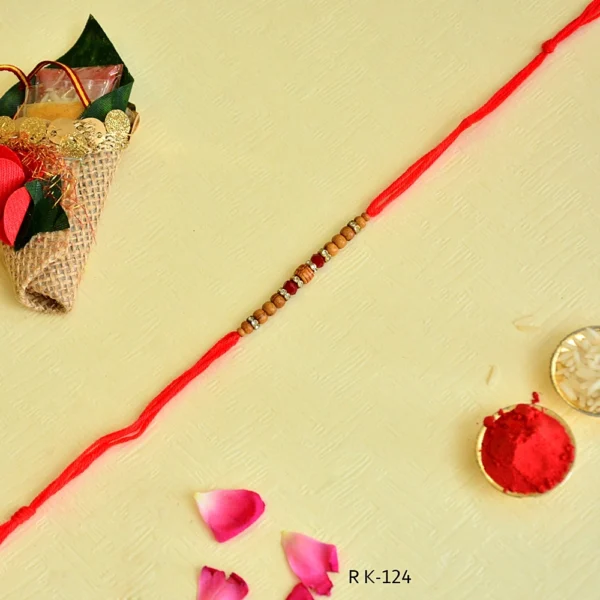 Traditional Wood Bead Rakhi – RK-124 | Minimal Red Thread with Natural Charm - Image 3