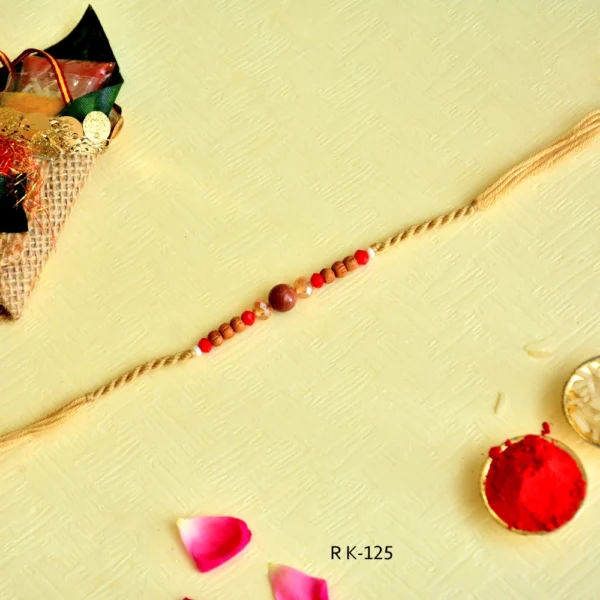 Rustic Wooden Beads & Crystal Accents Rakhi - RK-125 | Natural Beads & Golden Thread for a Serene Blessing - Image 2