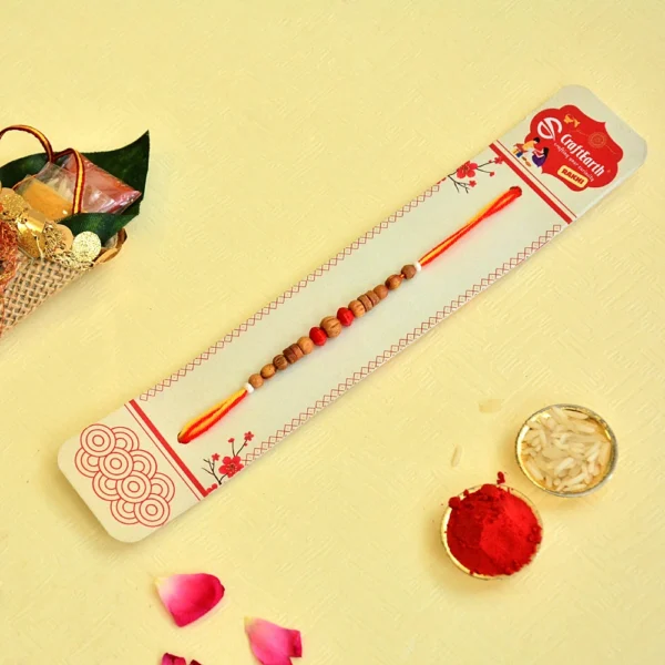 Natural Wooden Beads Harmony Rakhi – RK-127 | Wooden Beads & Red Accents on Sacred Thread - Image 2