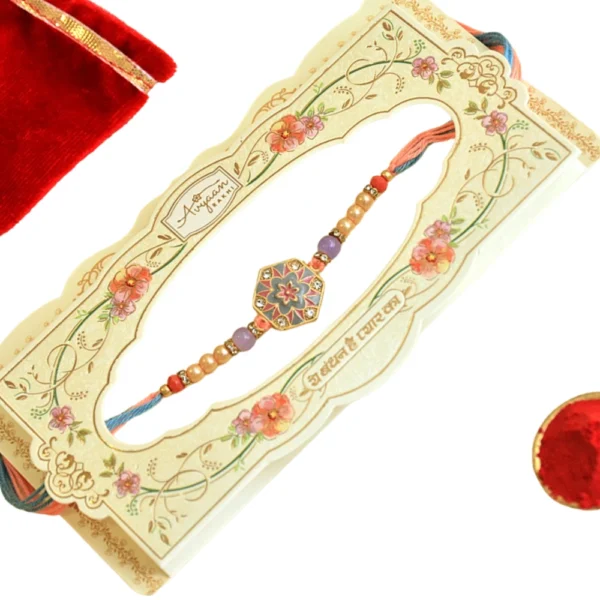 Elegant Floral Enamel Rakhi - RK-35 | Pastel Beads & Multicolor Thread - Image 4