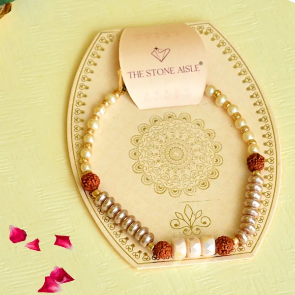Elegant Rudraksha & Pearl Bracelet Rakhi for Bhaiya – RK-104 - Traditional & Spiritual Design - Image 1