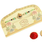 Peacock Theme Rakhi - RK-40 | Elegant Mint Green Thread with Beads & Crystal Accents - Image 5