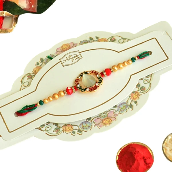 Royal Bloom Rakhi – RK-42 | Floral Kundan Circle with Pearl & Multicolor Thread Finish - Image 4