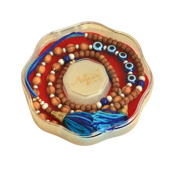 Double-Layered Evil Eye Rakhi – RK-107 | Wooden Bead Rakhi with Evil Eye & Blue Tassels - Image 5