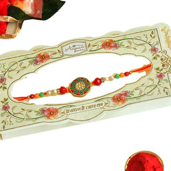 Mandala Design Rakhi – RK-47 | Multicolor Round Center with Pearl & Bead Embellishments - Image 4