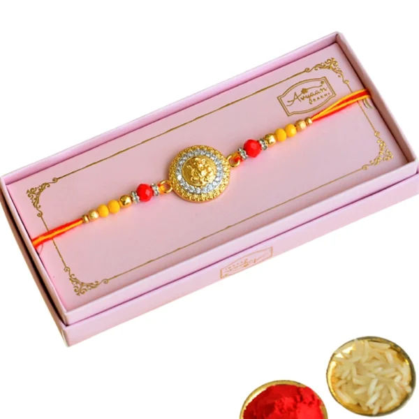 Royal Ganesha Coin Rakhi – RK-112 | Crystal-Studded Medallion with Golden & Red Bead Accents - Image 4