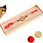 Spiritual Om Rakhi – RK-117 | Red Thread with Rudraksha & Pearl Beads - Image 4