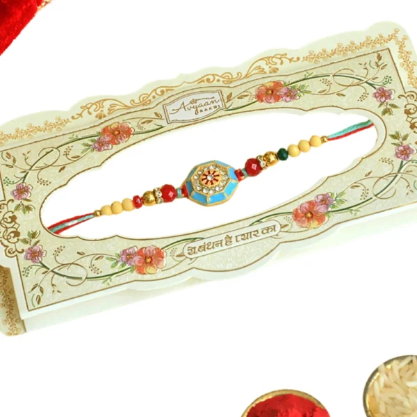 Turquoise Traditional Rakhi – RK-55 | Red-Blue Thread with Golden Beads & Enamel Center - Image 4