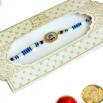 Flower Design Centerpiece Rakhi– RK-81 | Elegant Blue Beaded Designer Thread Rakhi for Brother - Image 4