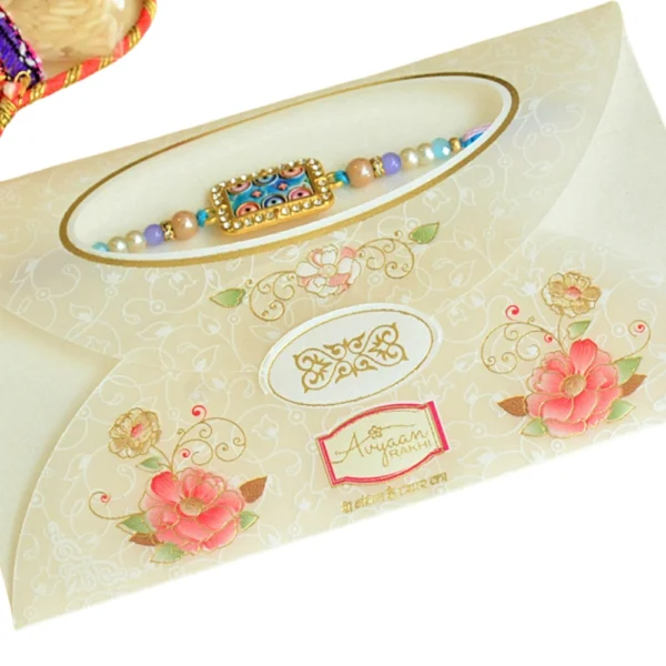 Pastel Charm Rakhi – RK-63 | Rectangle Enamel Dial with Beaded Elegance - Image 4