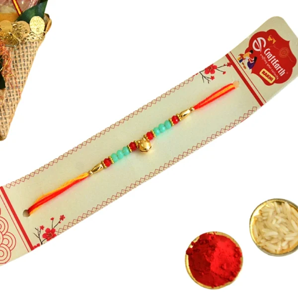 Golden Beaded Rakhi – RK-146 | Red & Green Elegance with Blessings - Image 4