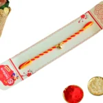 Elegant Red & Yellow Rakhi - RK-149 with Single Gold Bead - Image 4
