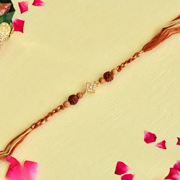 Spiritual Rudraksha Rakhi – RK-109 | Sacred Simplicity with Diamond Accent - Image 1