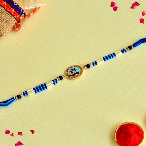 Flower Design Centerpiece Rakhi– RK-81 | Elegant Blue Beaded Designer Thread Rakhi for Brother