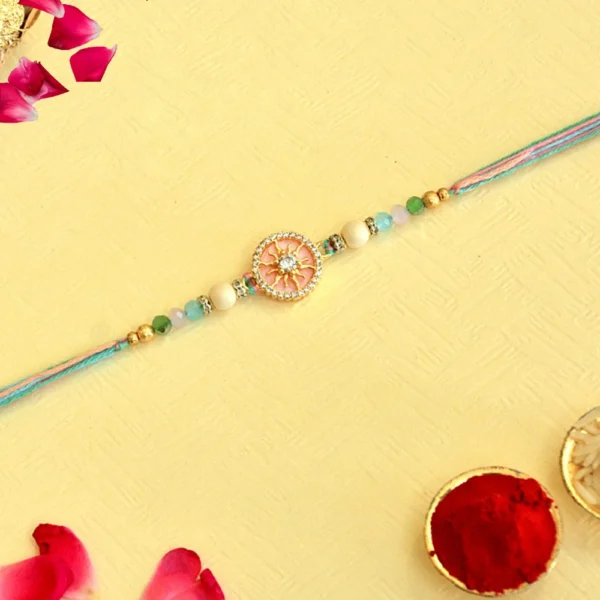 Pastel Mandala Rakhi – RK-113 | Elegant Floral Design with Soothing Beads & Multicolor Threads - Image 1