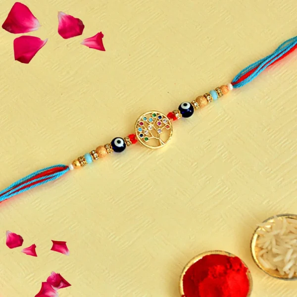 Tree of Life Rakhi – RK-114 | Symbolic Rakhi with Evil Eye Beads & Vibrant Thread - Image 1