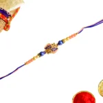 Charming Leaf Motif Rakhi – RK-95 | Elegant Pink & Blue Thread with Pearl and Bead Detailing - Image 3