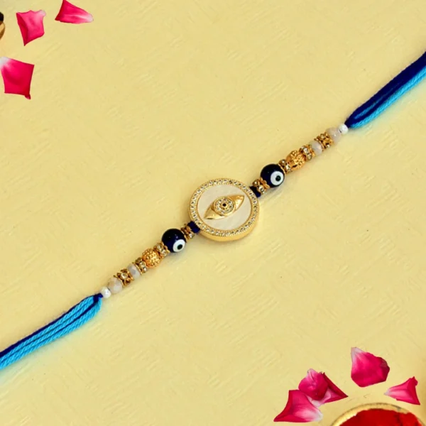 Evil Eye Protection Rakhi – RK-115 | Blue Gradient Thread with Crystal Accents - Image 1