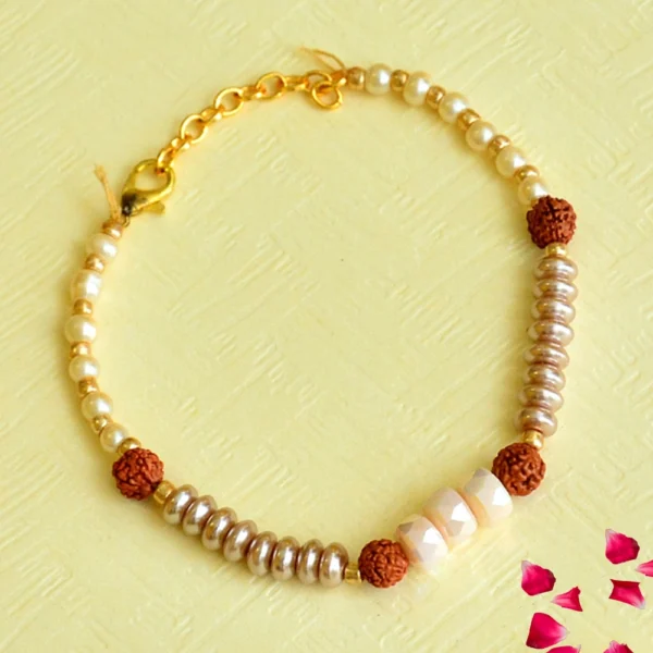 Elegant Rudraksha & Pearl Bracelet Rakhi for Bhaiya – RK-104 - Traditional & Spiritual Design - Image 2