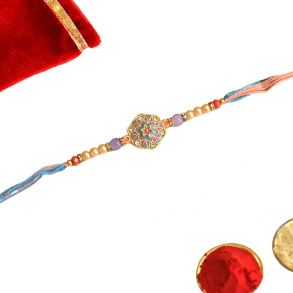 Elegant Floral Enamel Rakhi - RK-35 | Pastel Beads & Multicolor Thread - Image 3