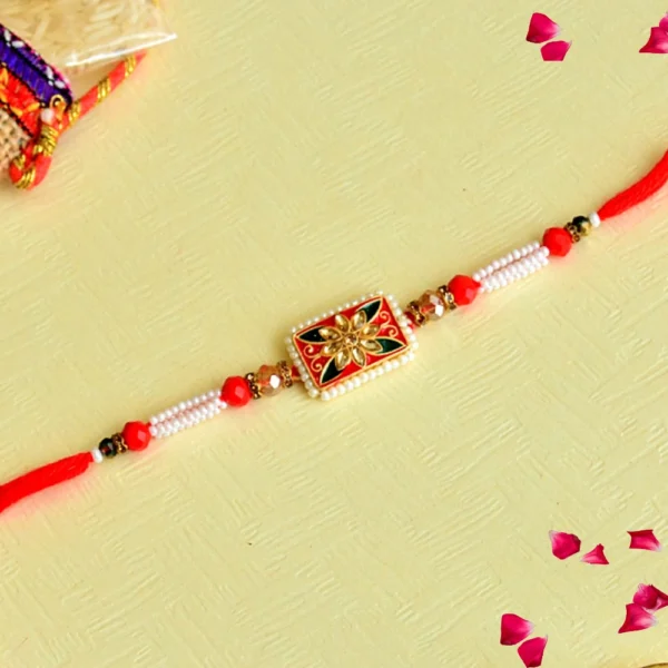 Floral Mandala Design Centerpiece Rakhi– RK-83 | Traditional Red Beaded Rakhi Thread for Brother