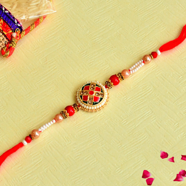Traditional Mandala Charm Rakhi – RK-84 | Classic Red Beaded Designer Rakhi Thread for Brother
