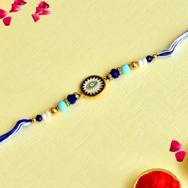 Blue Evil Eye Rakhi – RK-86 | Elegant Thread Rakhi with Turquoise & Navy Beads for Protection & Style