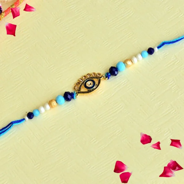 Chic Evil Eye Rakhi – RK-88 | Sleek Gold Charm with Blue & White Beads for Stylish Protection