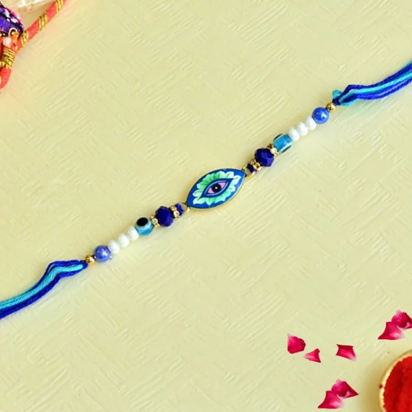 Vibrant Enamel Evil Eye Rakhi – RK-89 | Artistic Nazar Design with Multicolor Beads & Blue Thread for Brother