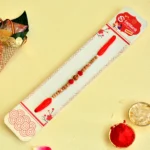Rustic Charm Rakhi – RK-123 | Traditional Red Thread with Natural Wooden Beads - Image 3