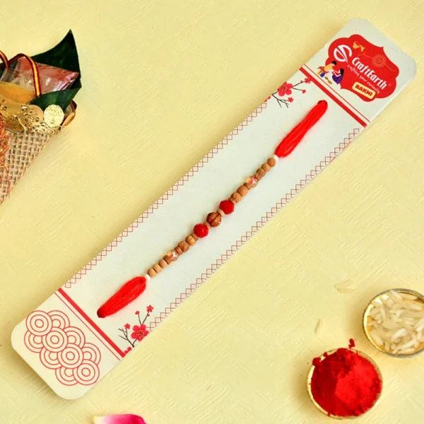 Rustic Charm Rakhi – RK-123 | Traditional Red Thread with Natural Wooden Beads - Image 3