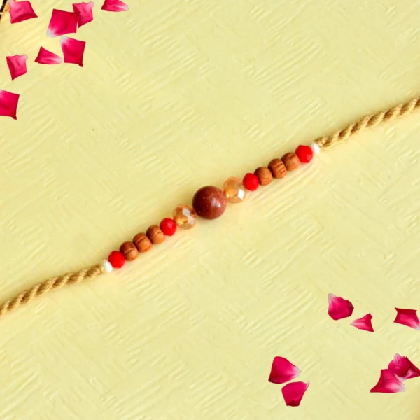 Rustic Wooden Beads & Crystal Accents Rakhi - RK-125 | Natural Beads & Golden Thread for a Serene Blessing - Image 1
