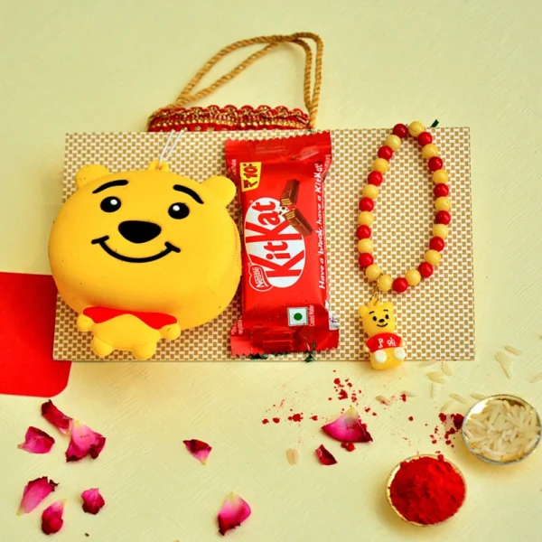 Pooh Rakhi Gift Pack for Kids - RK-28 | Cute Bracelet Rakhi with Chocolate & Coin Pouch