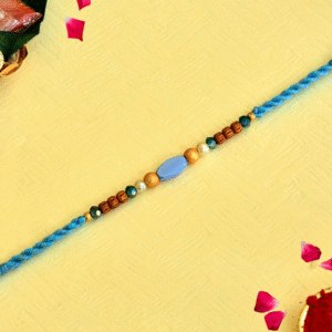 Tranquil Blue Rakhi – RK-131 | Sky Thread with Oval Bead & Wooden Accents
