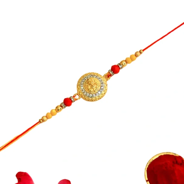 Royal Ganesha Coin Rakhi – RK-112 | Crystal-Studded Medallion with Golden & Red Bead Accents - Image 3